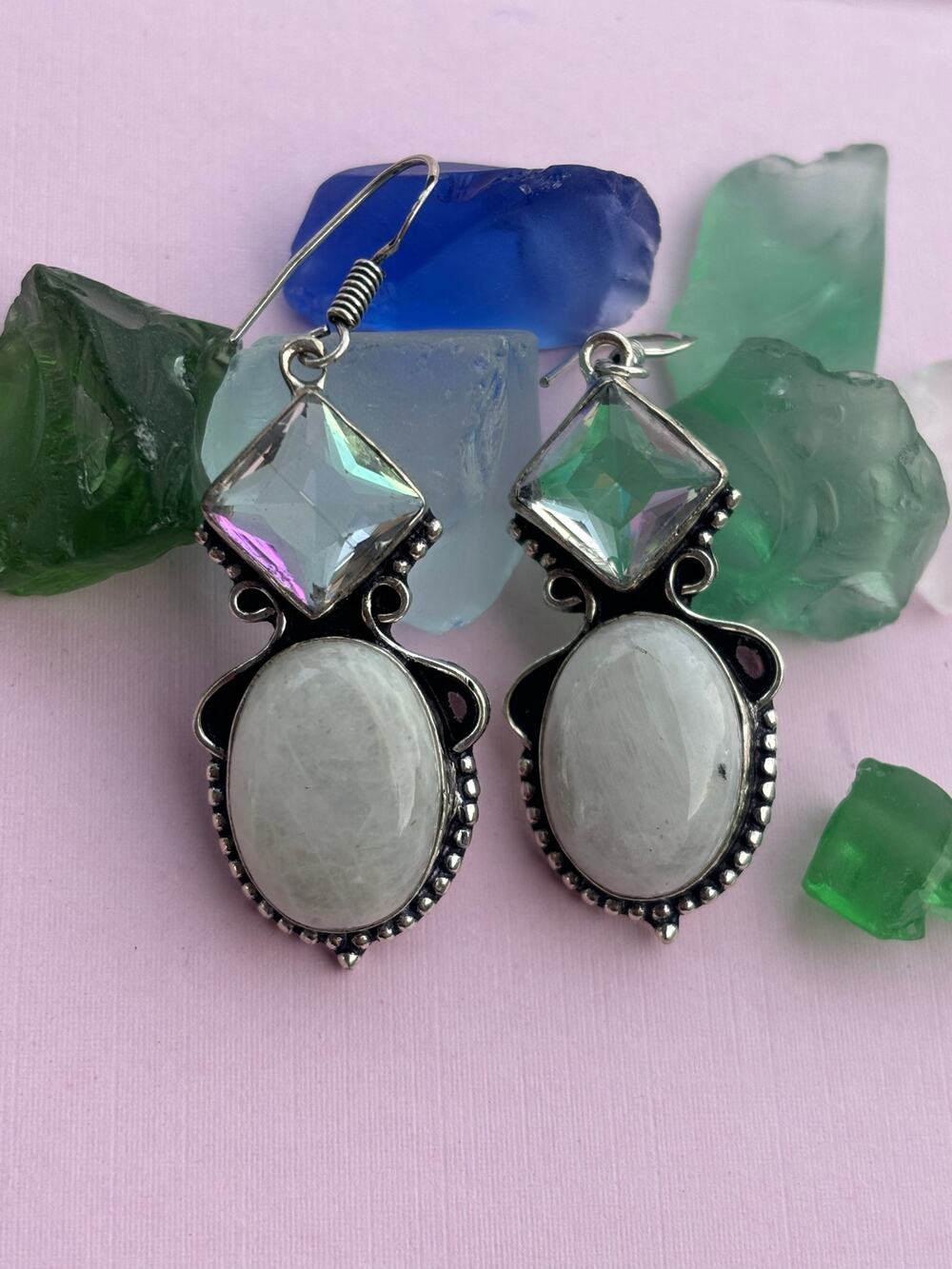 925 Sterling Rainbow Moonstone White Topaz Drop Dangle Earrings
